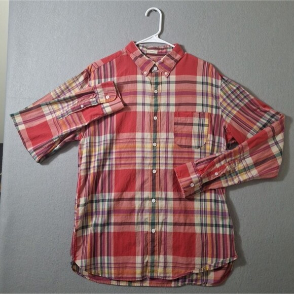 J. Crew Indian Madras Shirt Mens Large Red Plaid Button Up Slim Fit Long Sleeve - Picture 1 of 8
